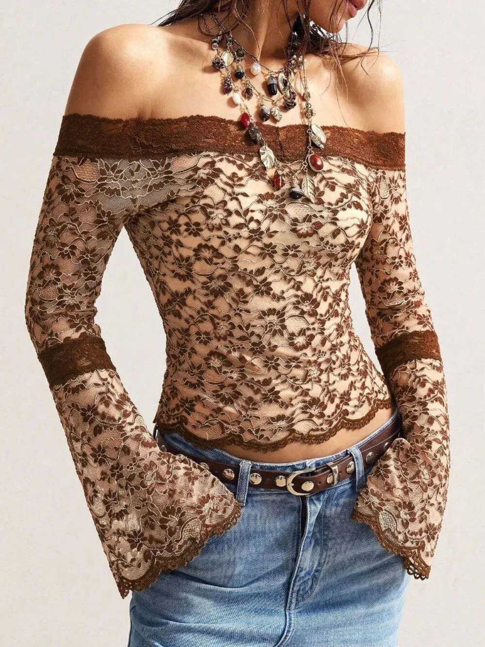 Brown Boho Casual Women's Knit Off-Shoulder Flare Long Sleeve Fitted Top